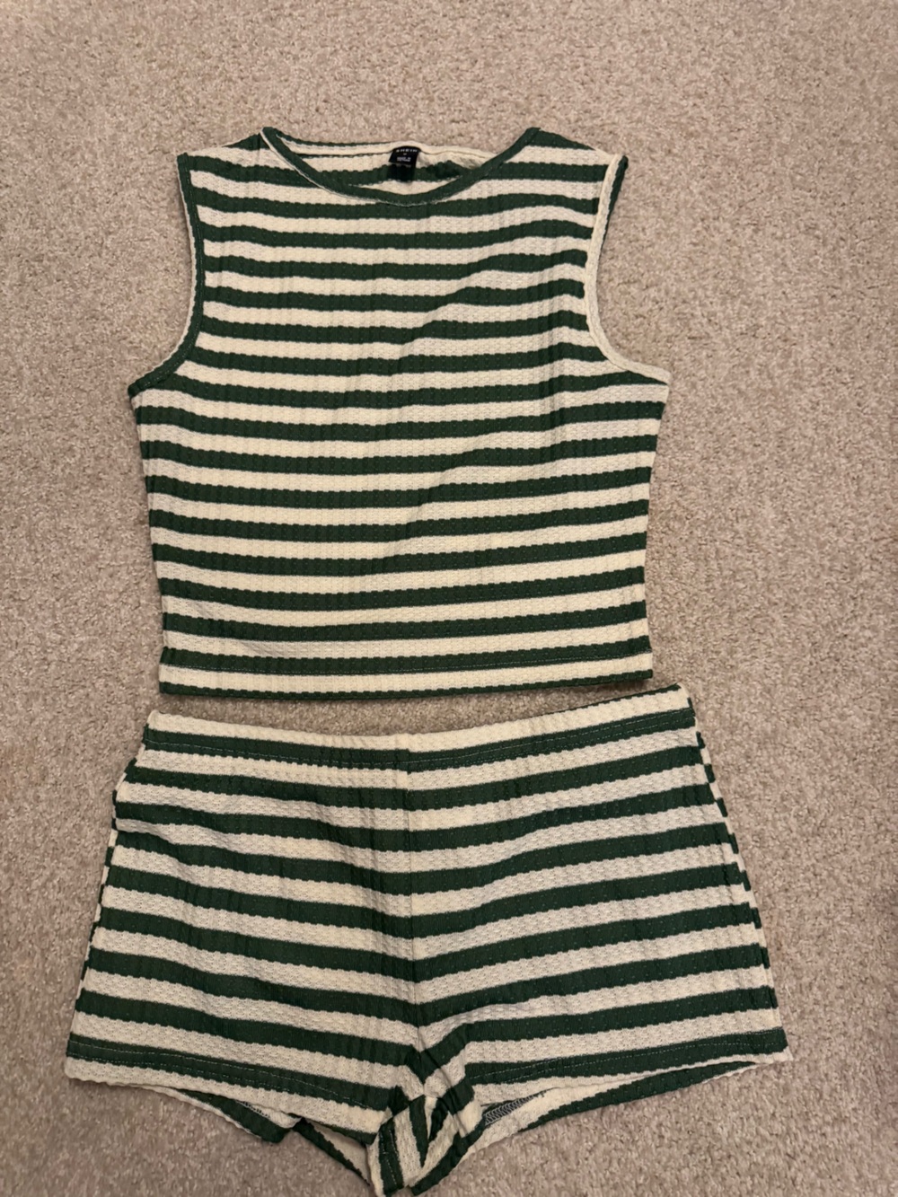 SHEIN Green and Cream Striped Knit Crop Top Set